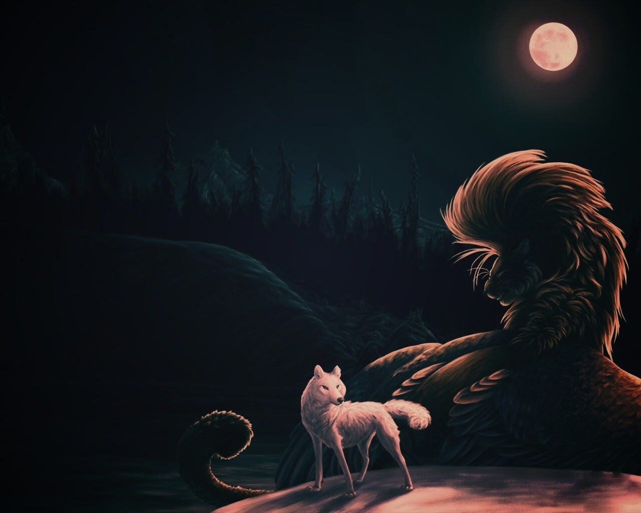 Волк и лев при луне обои