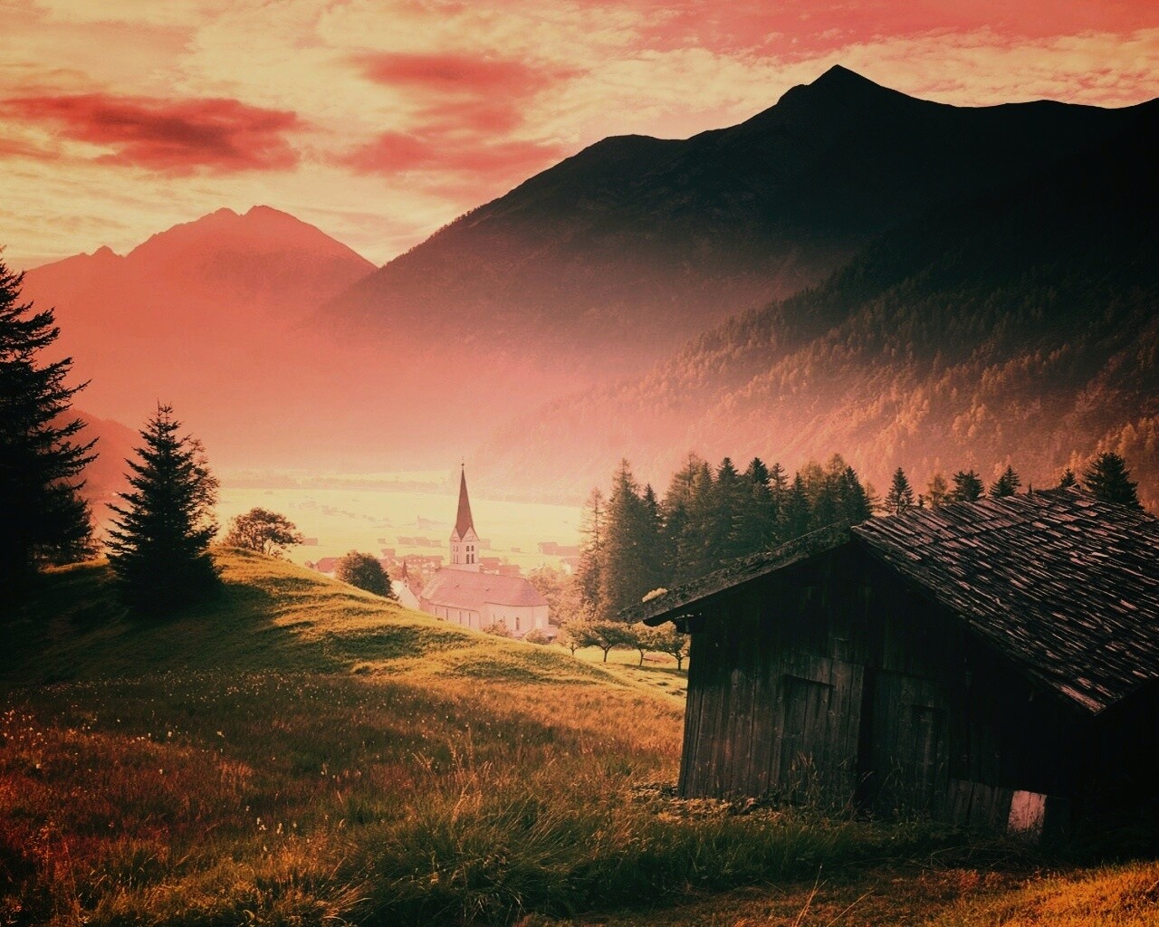 Церковь в австрийской деревне обои