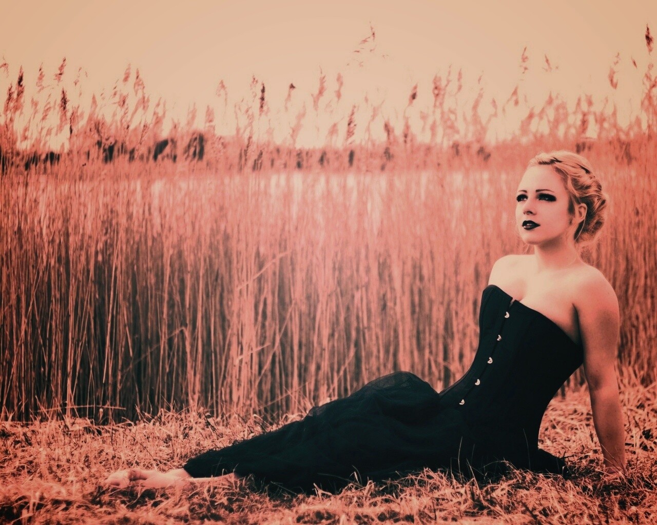 Девушка на траве в черном корсете обои