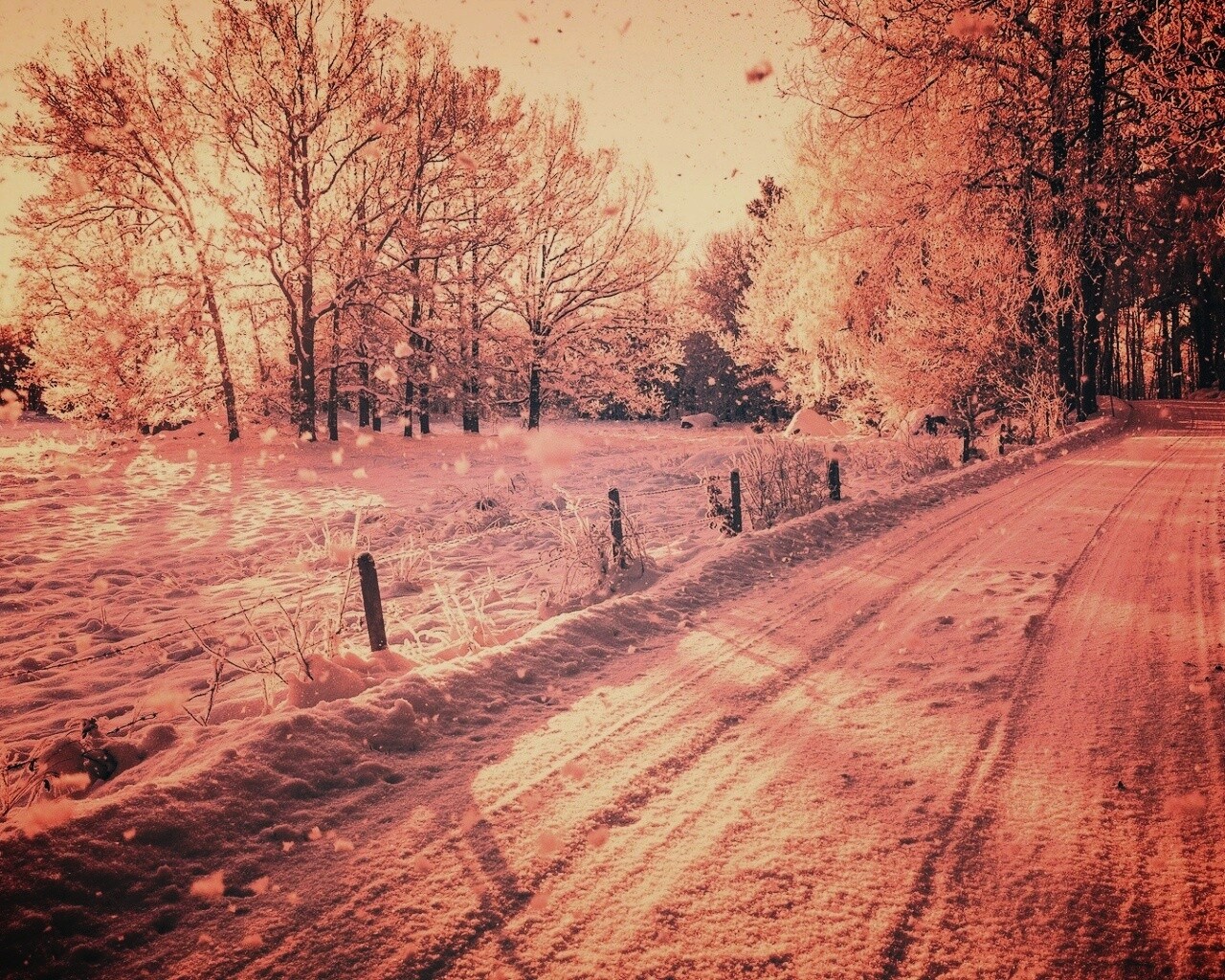 Снежная дорога залитая солнцем обои