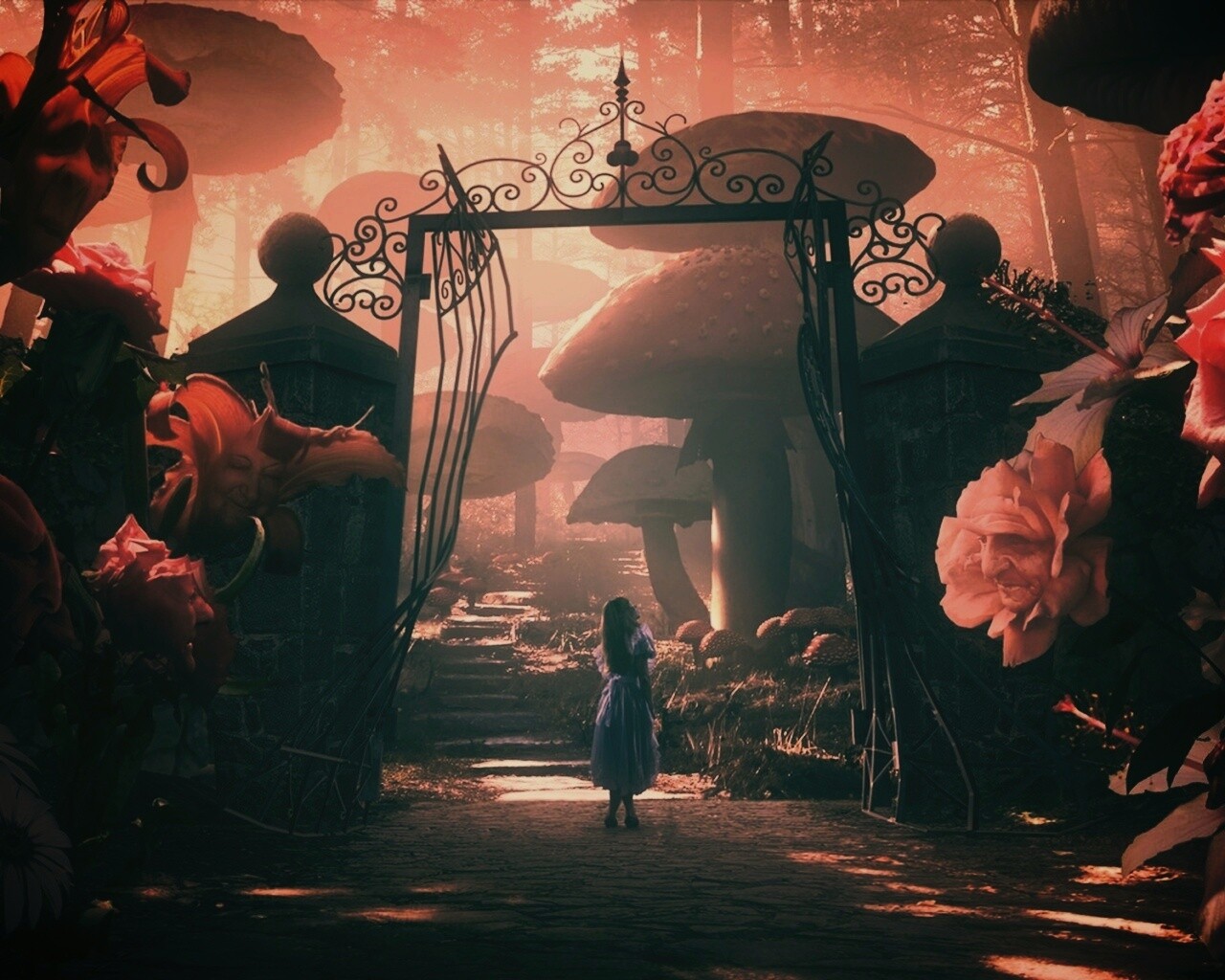 Алиса в стране чудес среди живых цветов обои