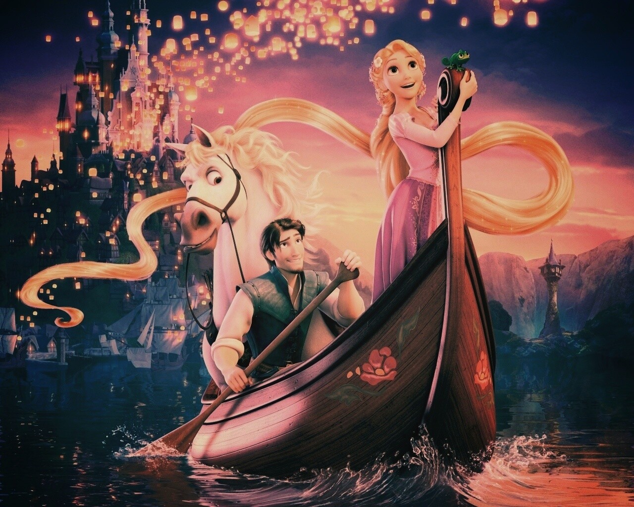 Рапунцель и Флин на лодке обои