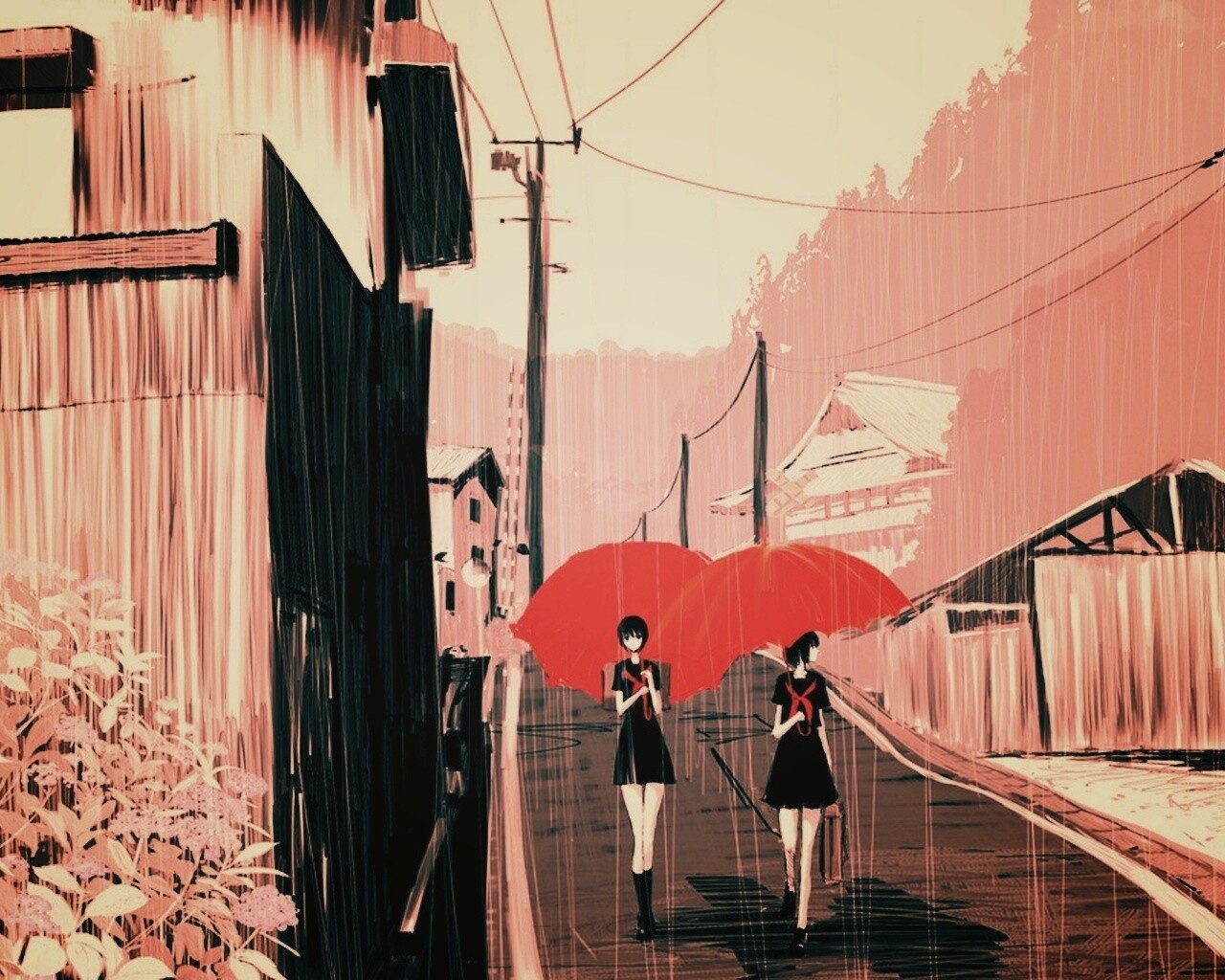 Девушки с красными зонтами обои