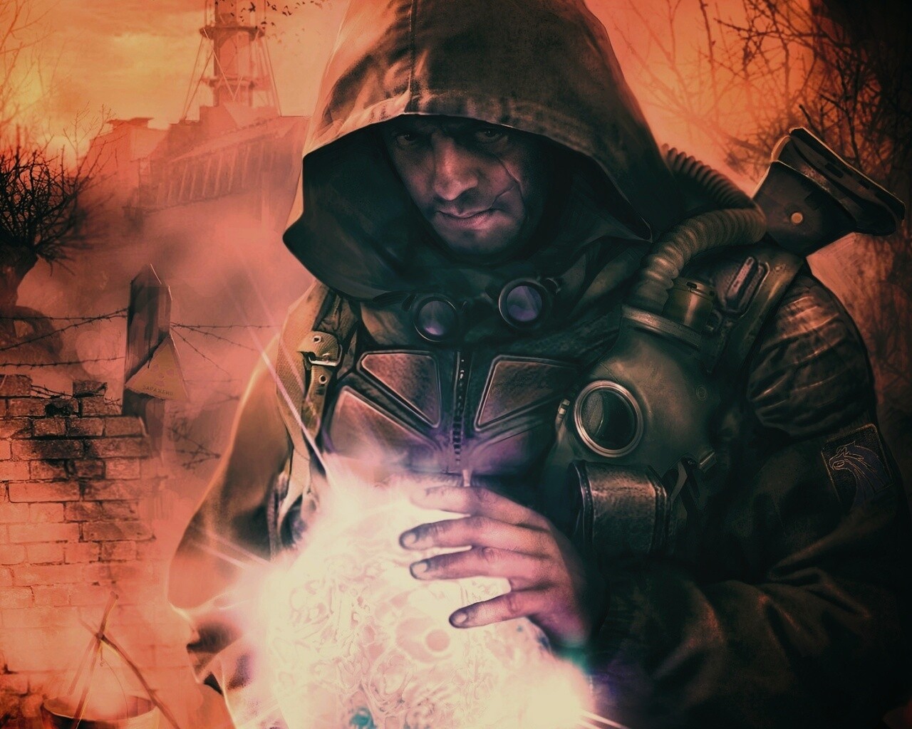 Сталкер с энергетическим артефактом в руках обои