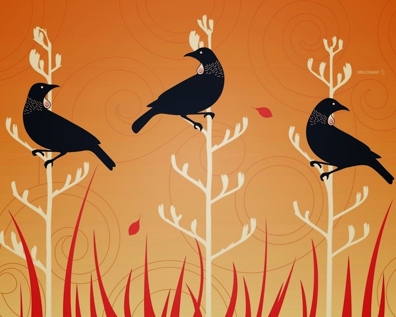 Векторные стилизованные птицы на ветках дерева обои