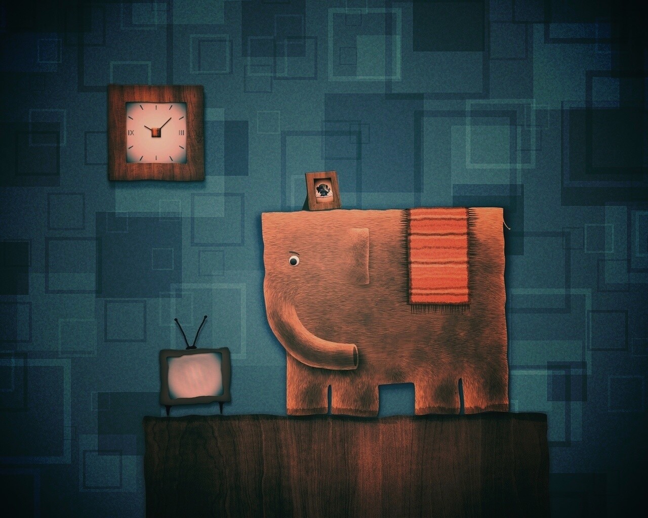 Слон, часы и телевизор обои