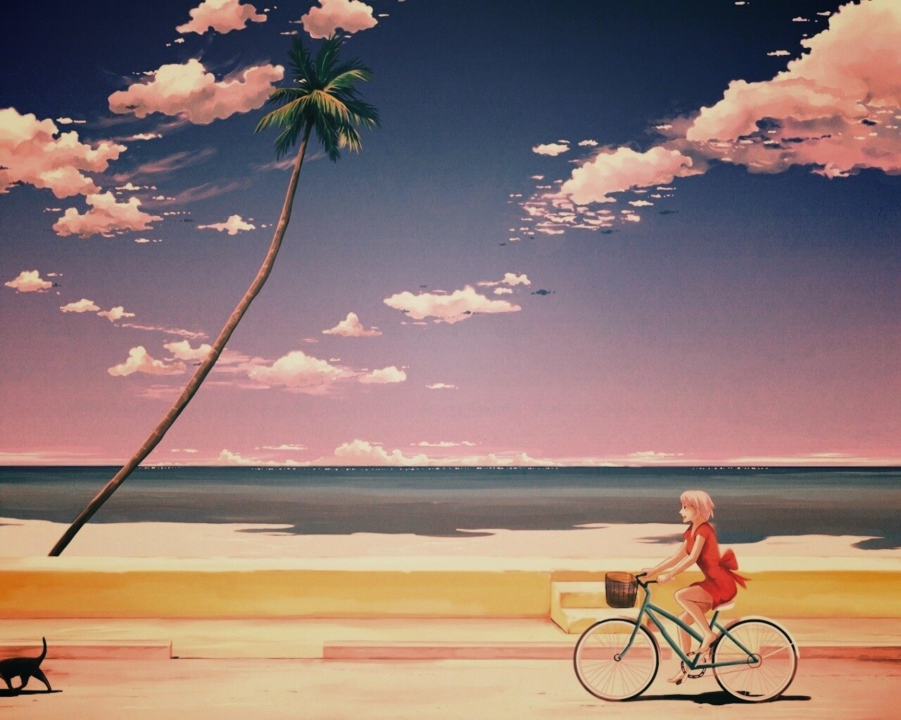 Девушка едет на велосипеде вдоль берега обои