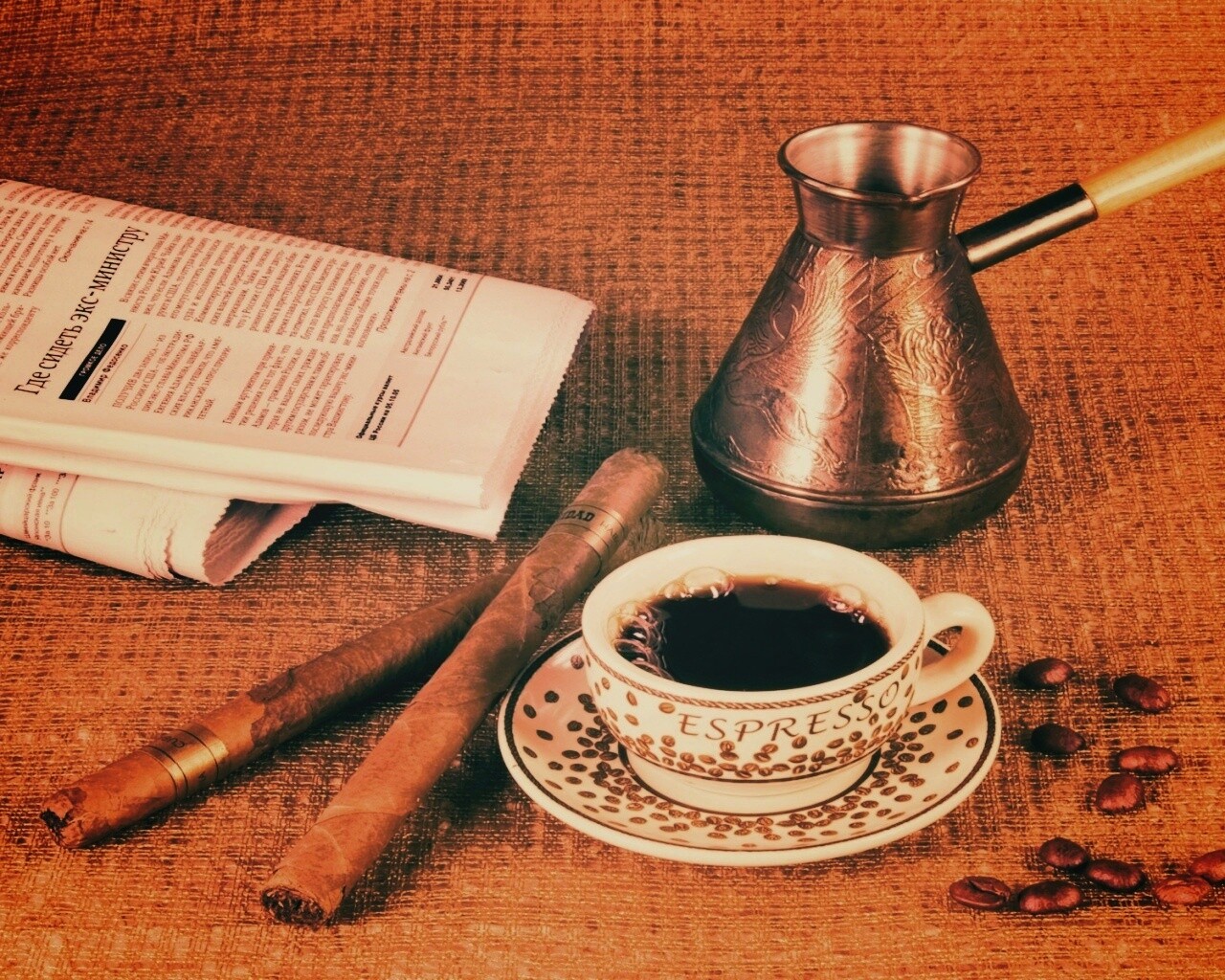 Утренний кофе, газета и сигары обои