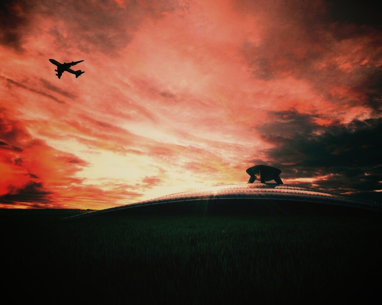 Самолет в закатном небе обои