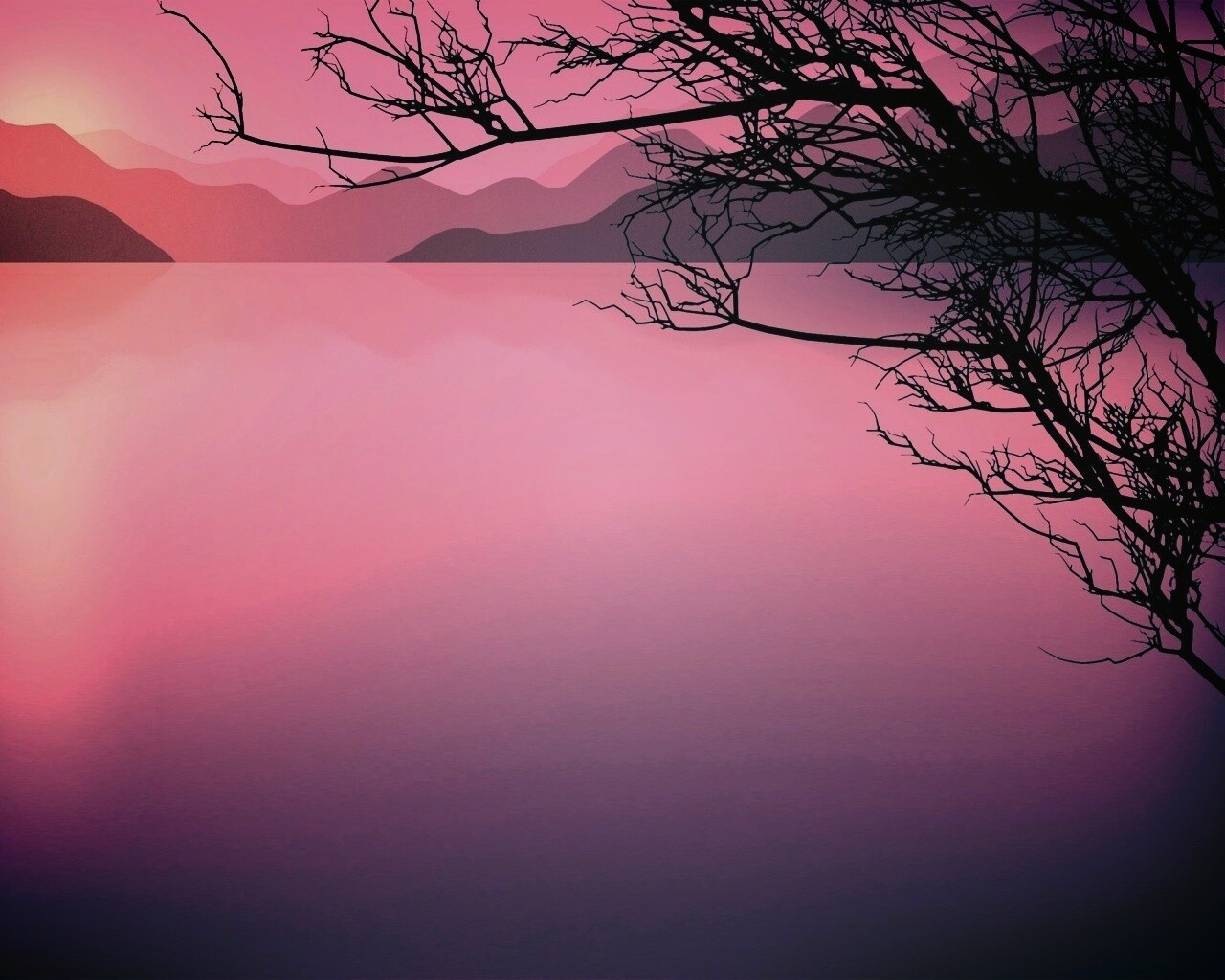 Ветка над вечерним озером обои