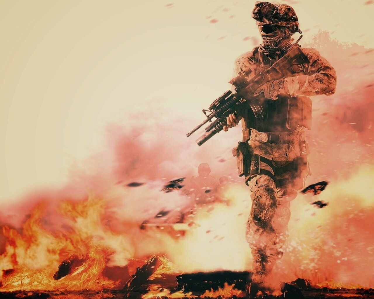 Солдат на фоне огня обои