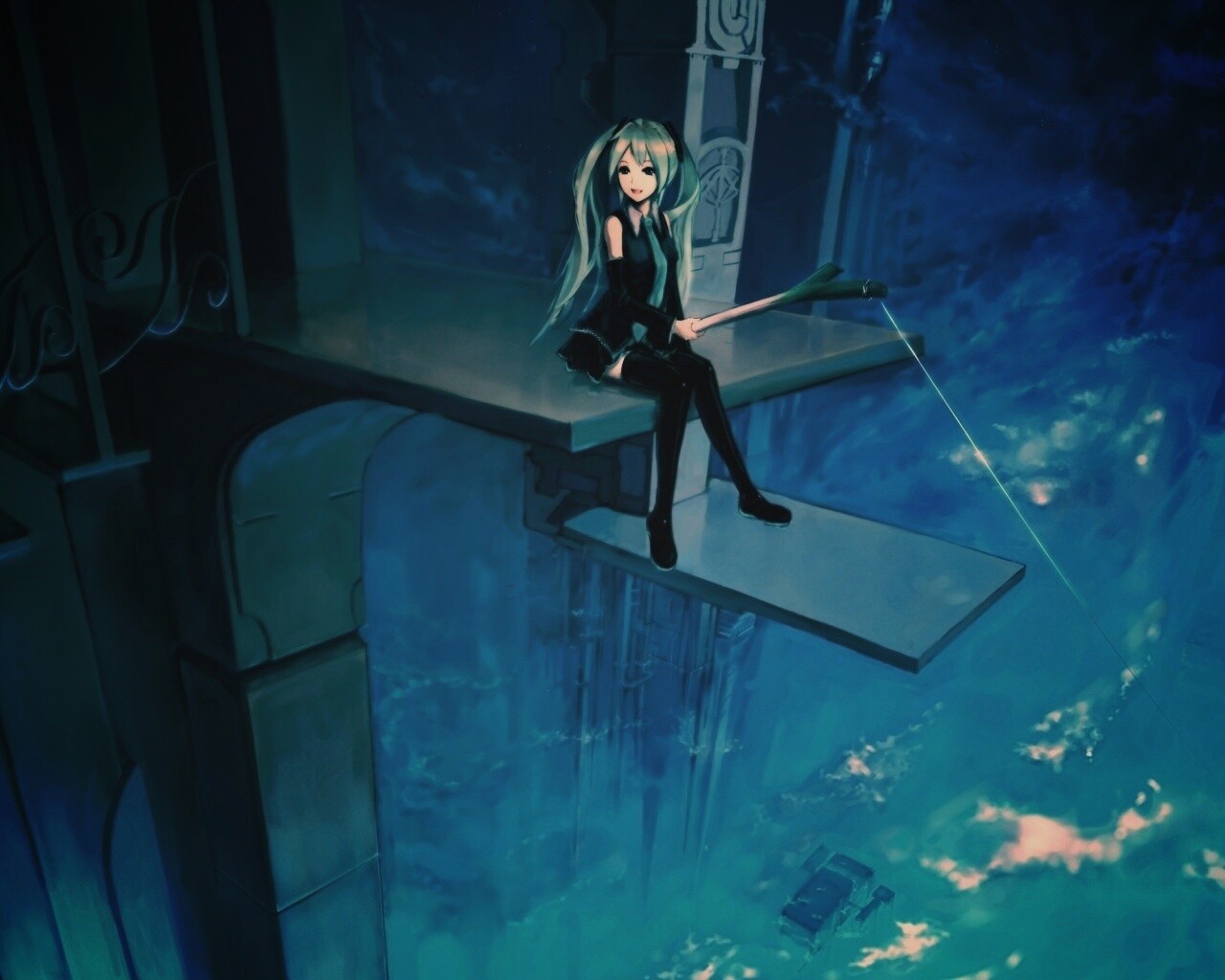 Хатсуне Мику с удочкой обои