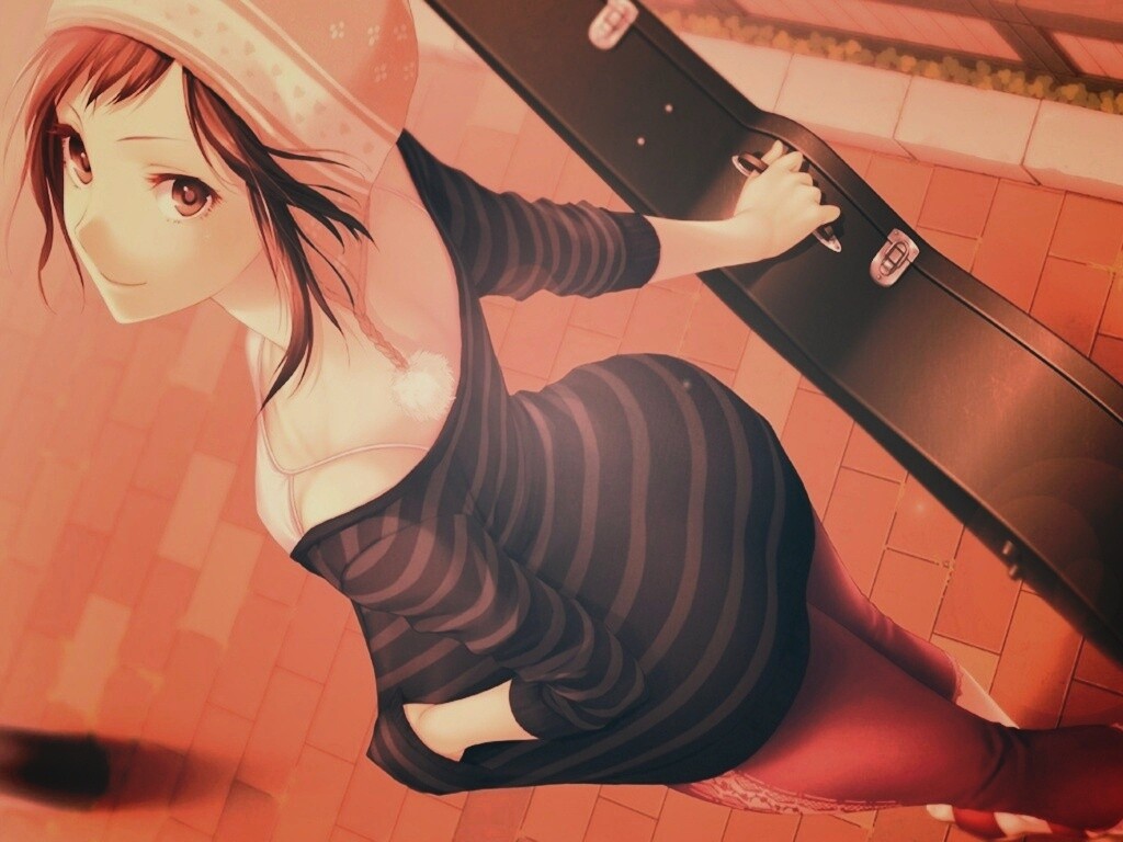 Девушка с гитарным чехлом обои