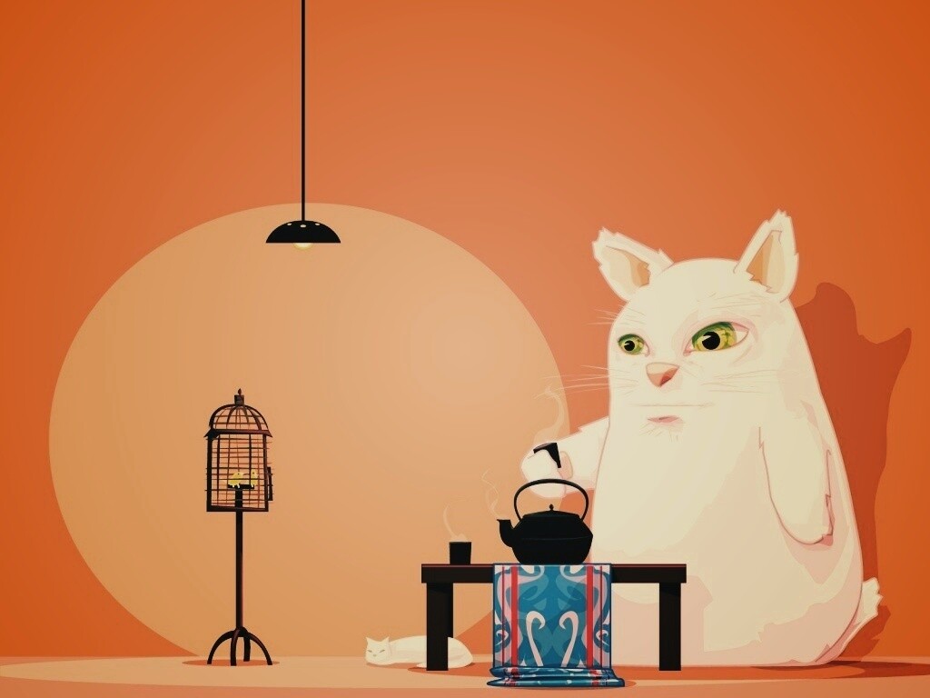 Кот пьет чай обои