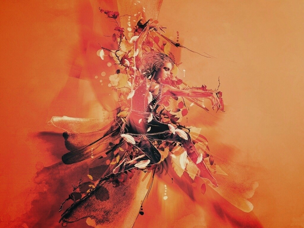 Девушка танцует в листьях обои