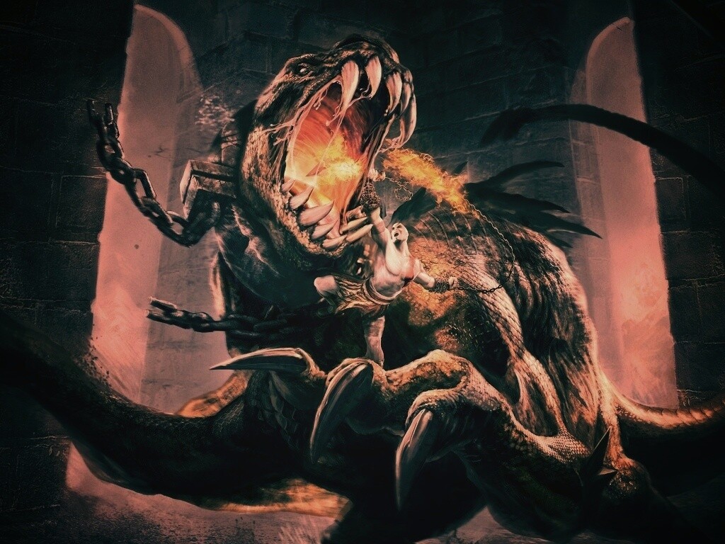 Кратос против динозавра обои