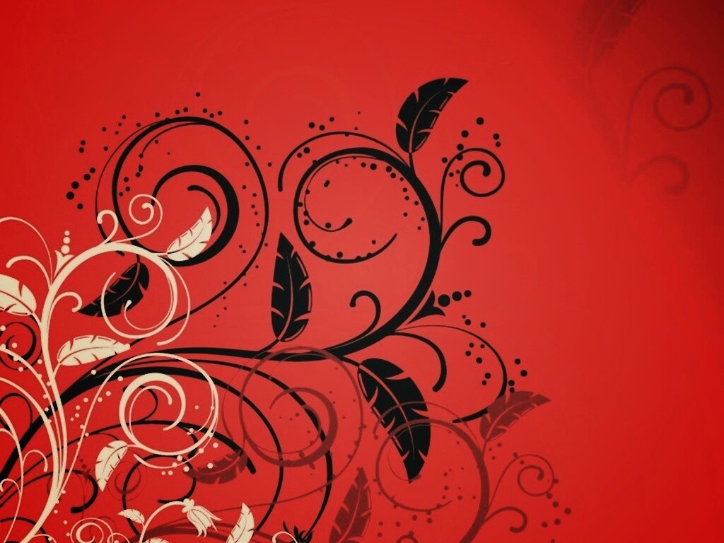 Черно-белые листики на красном фоне обои