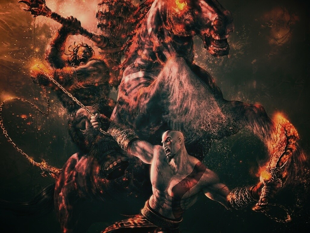Кратос против огненного всадника обои
