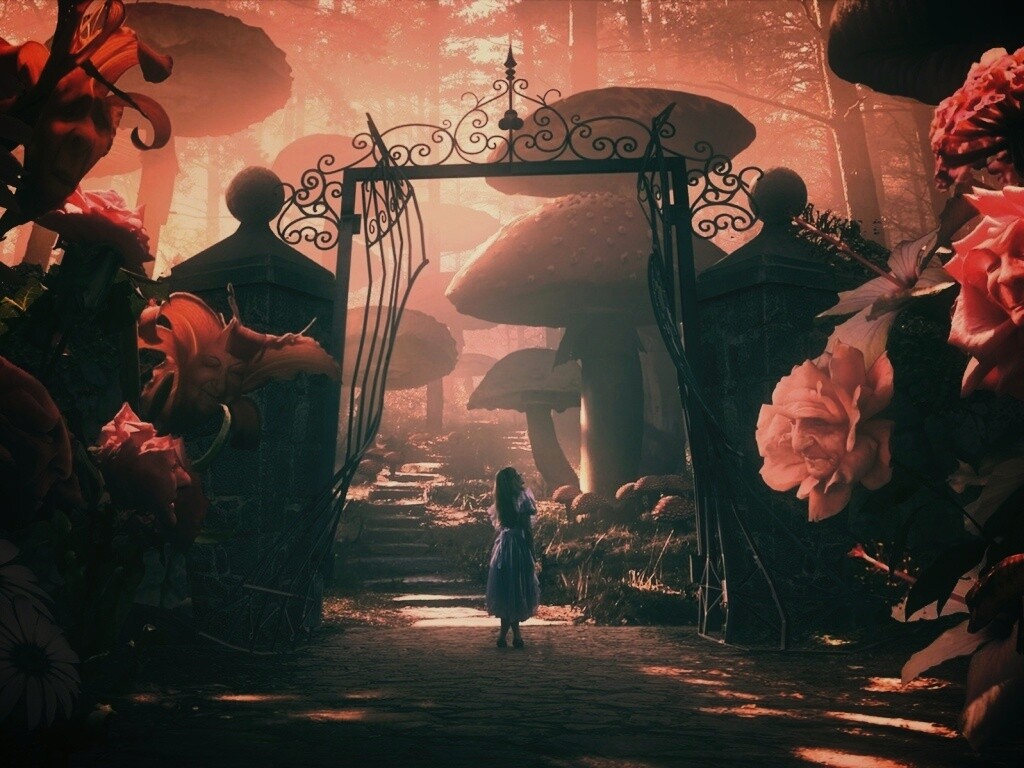 Алиса в стране чудес среди живых цветов обои