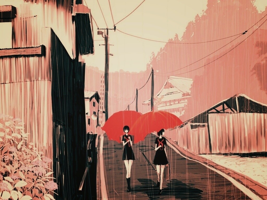 Девушки с красными зонтами обои