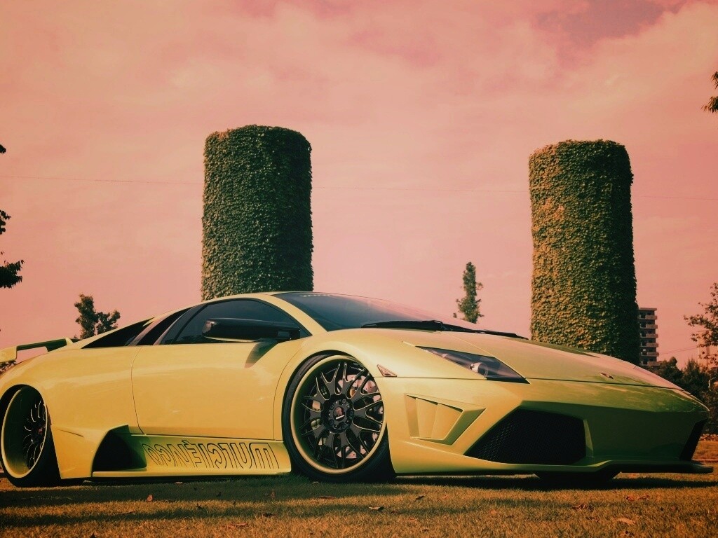 Зелёный Ламборджини на траве обои