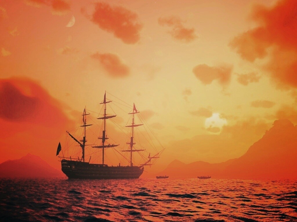 Трехпалубный парусный корабль на закате обои