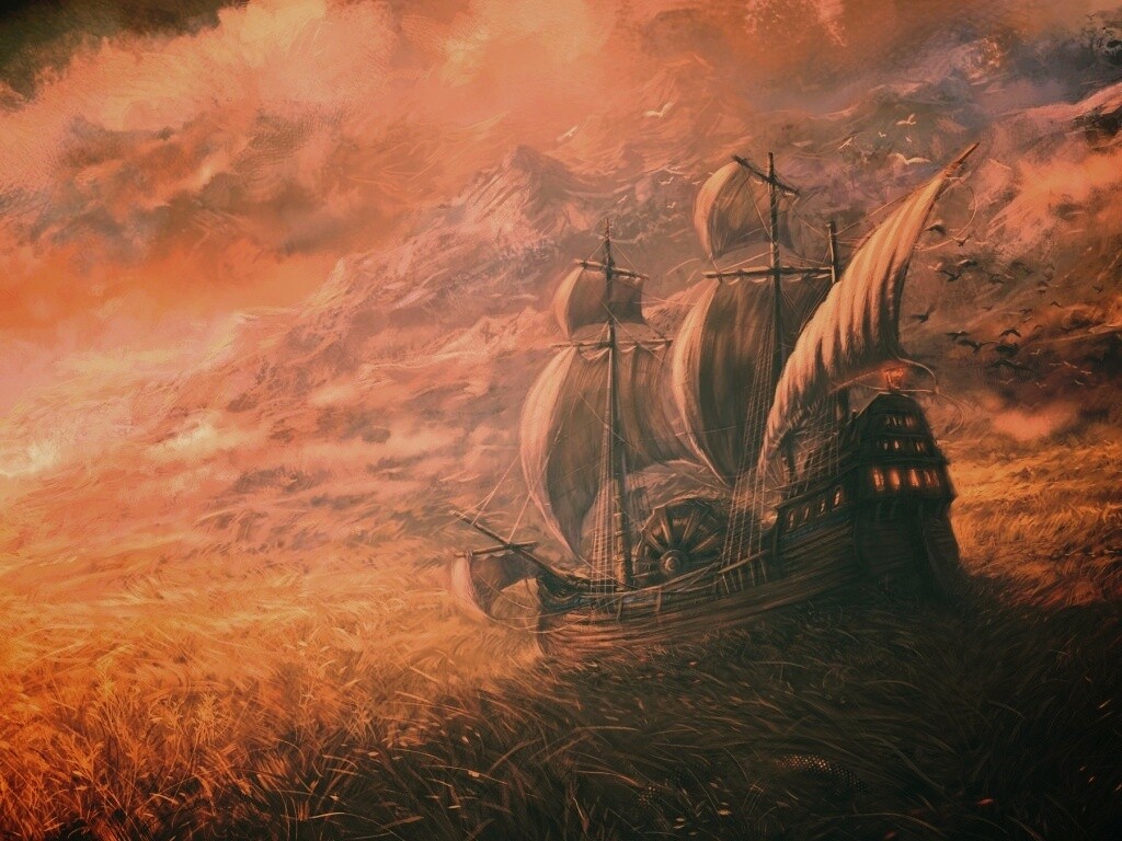 Корабль в море травы обои