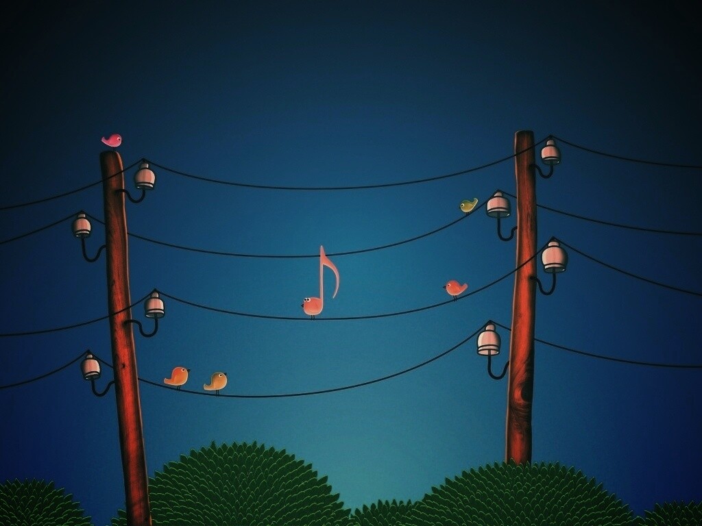 Нотка и птички на проводах обои