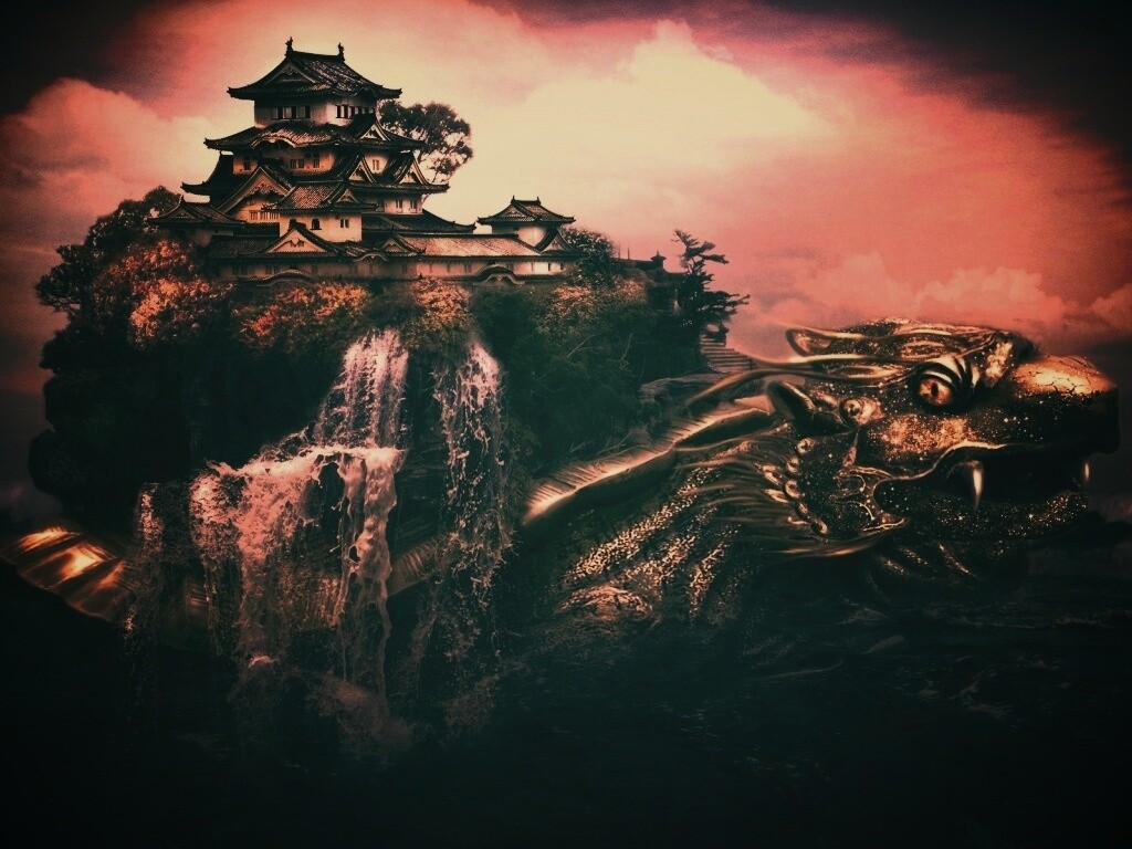 Золотая черепаха и китайская пагода в океане обои