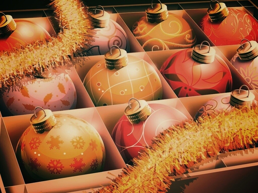 Елочные игрушки в коробке обои