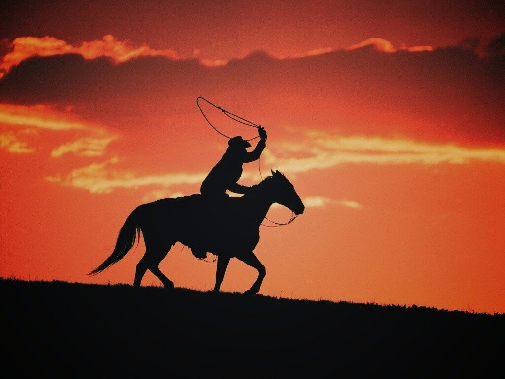Силуэт ковбоя на закате обои