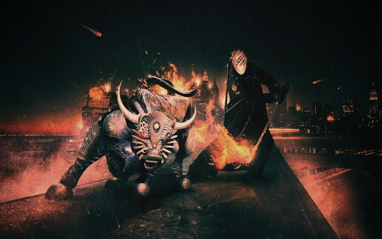 Воин и бык на крыше обои