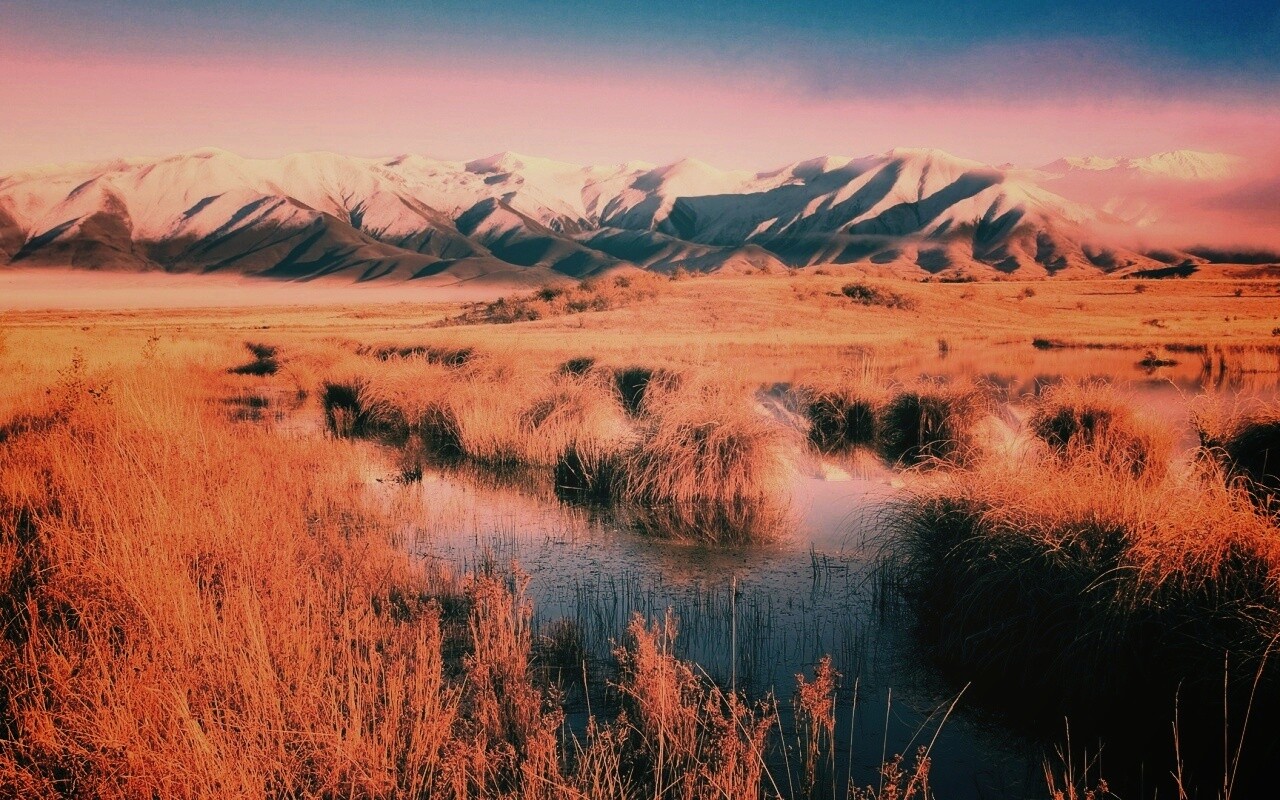 Болото и снежные горы обои