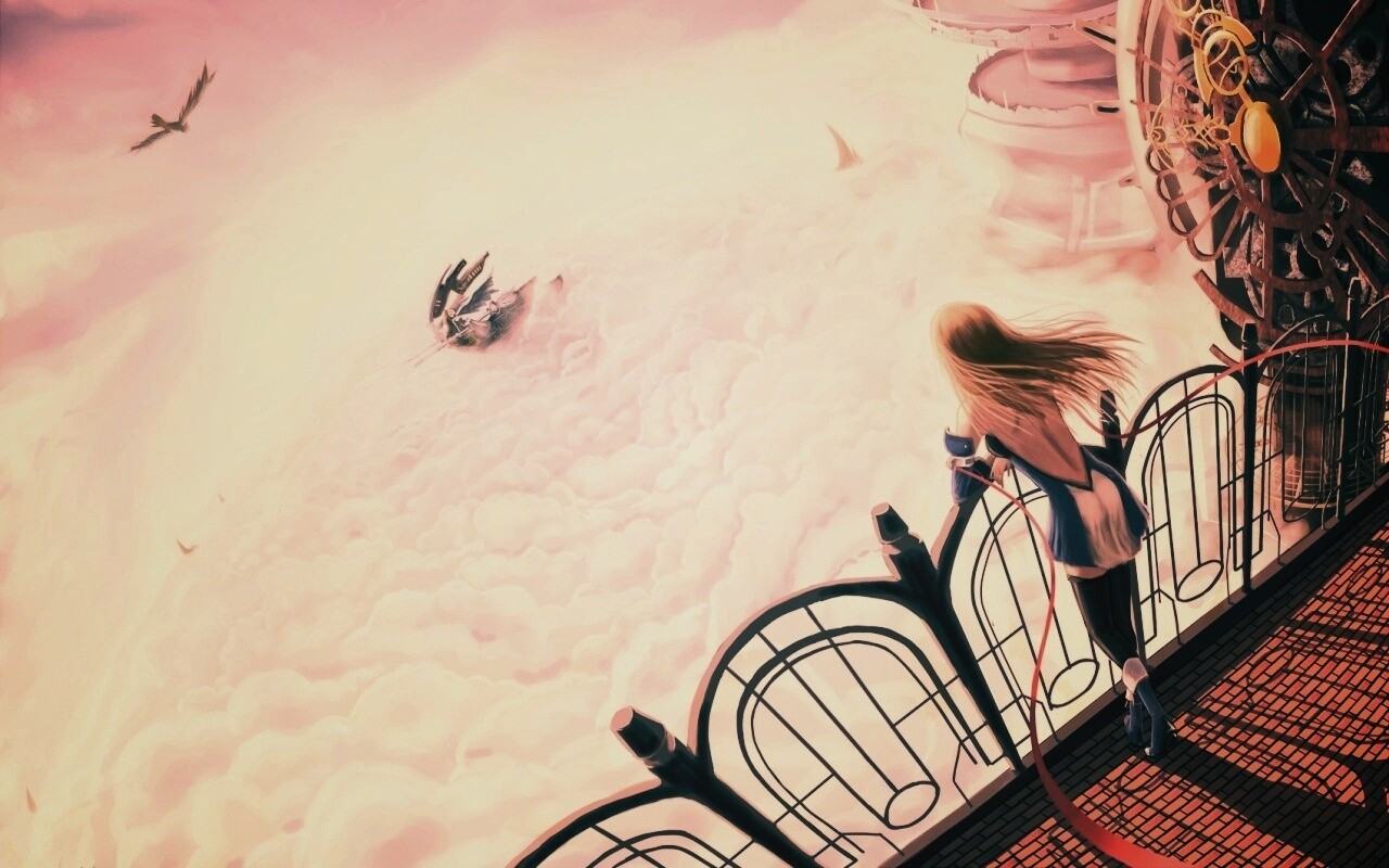 Девушка в городе над облаками обои