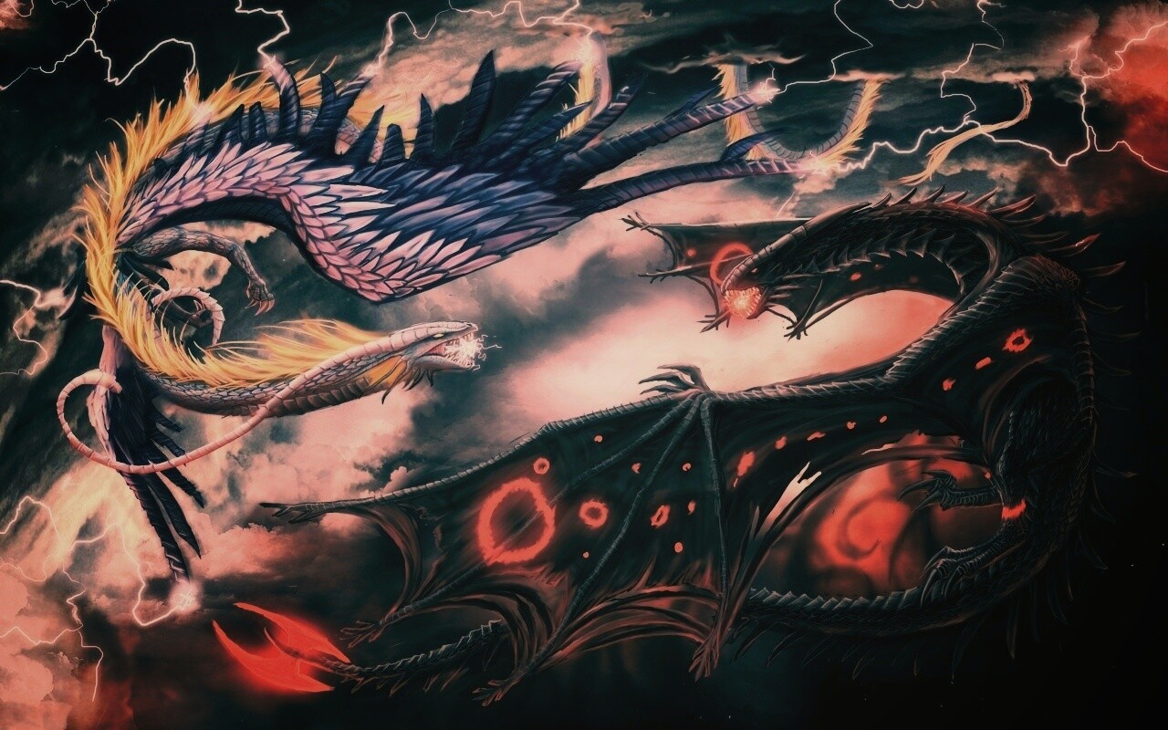 Живописная битва молнии и огня обои