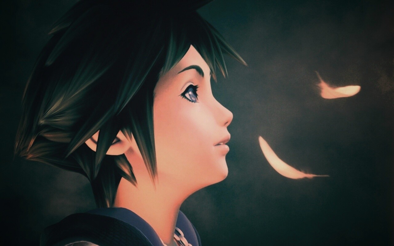 Анимешный парень и белые перья обои