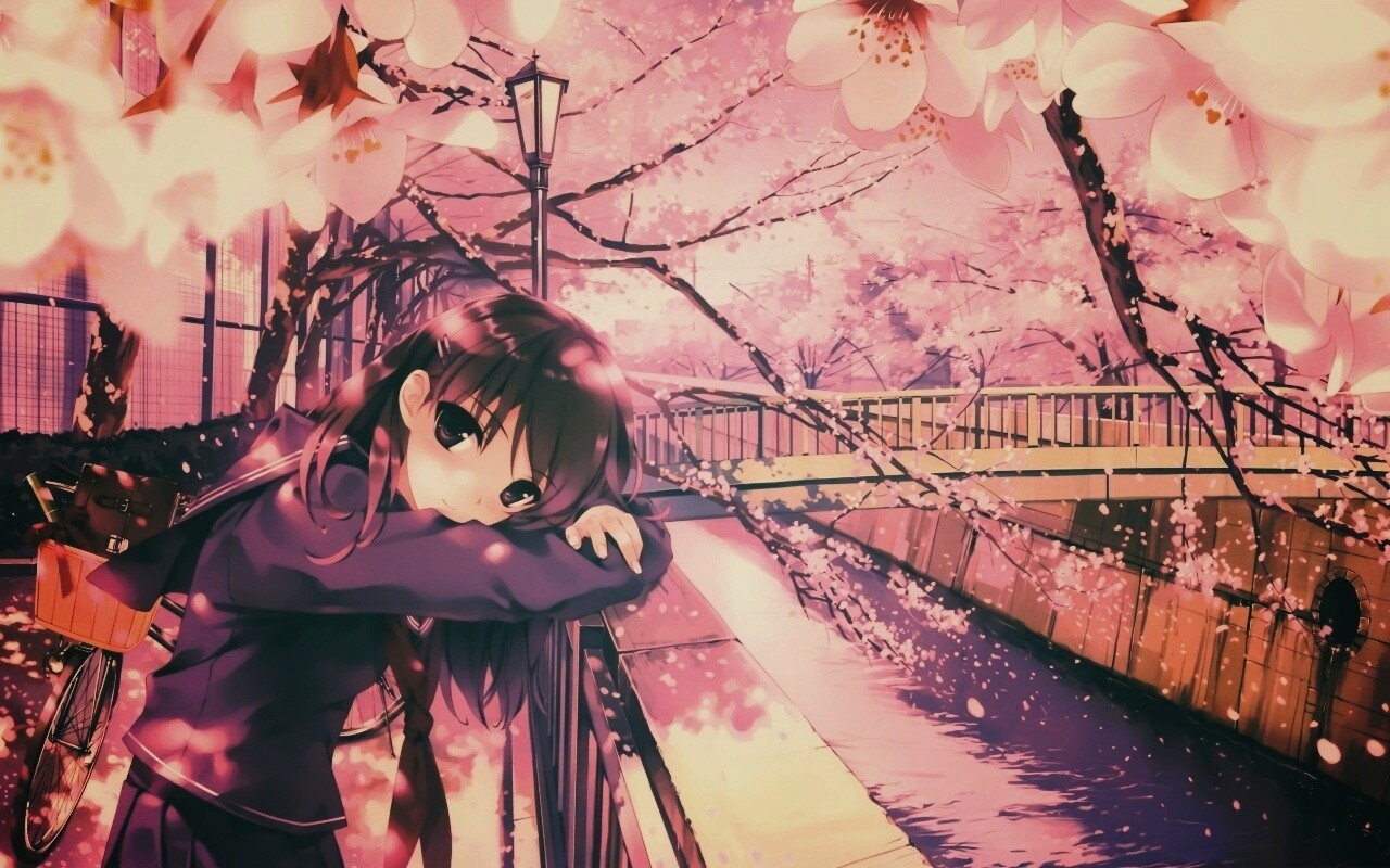 Девушка среди лепестков сакуры обои