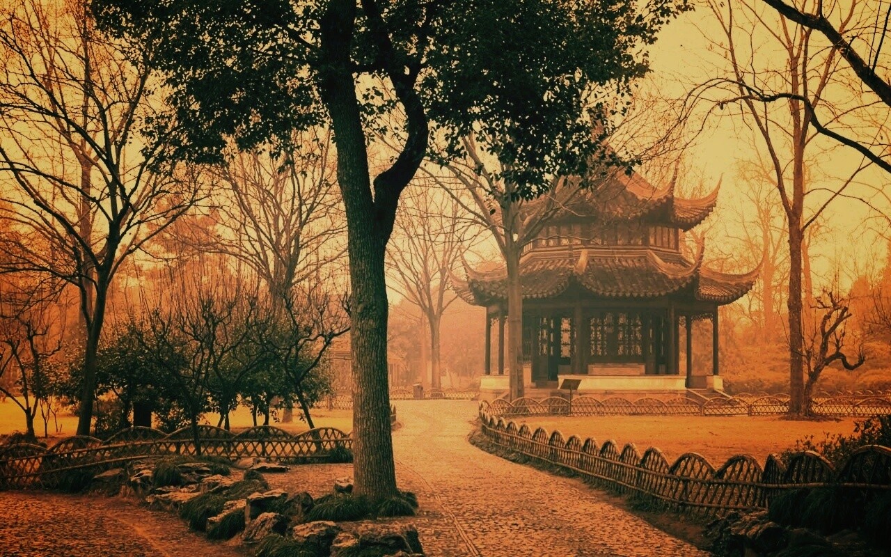 Домик я японском саду обои