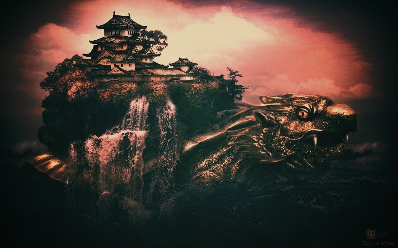 Золотая черепаха и китайская пагода в океане обои