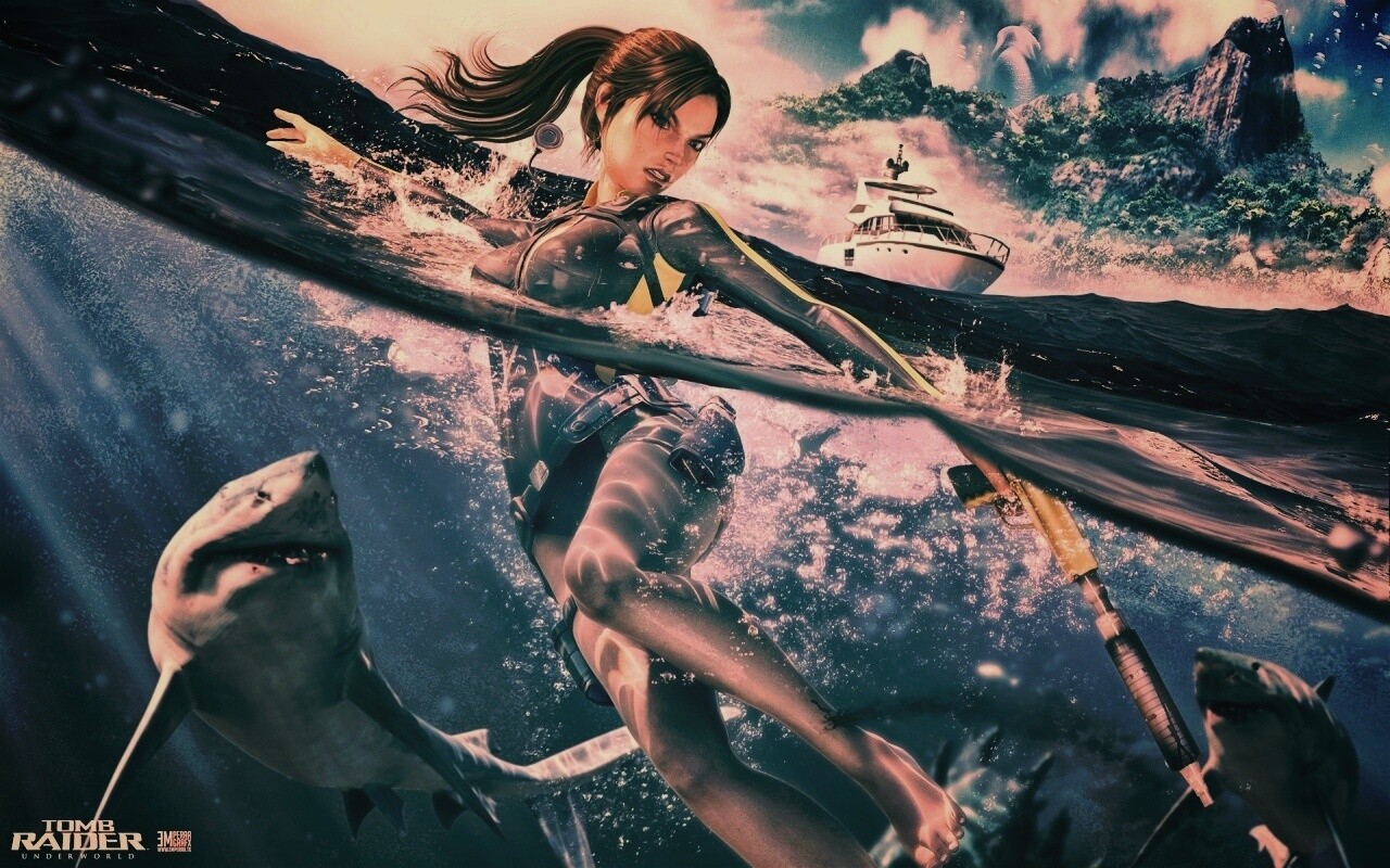 Лара Крофт против акул обои