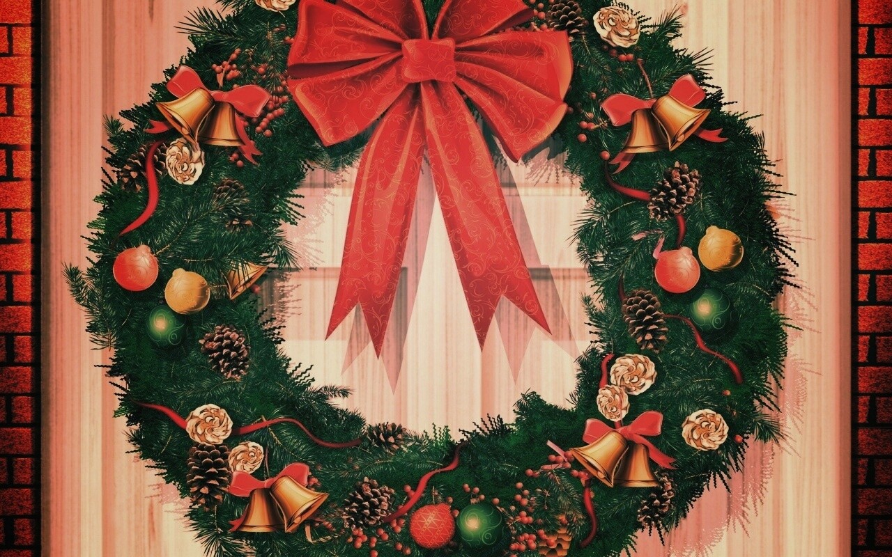 Новогодний венок на двери обои