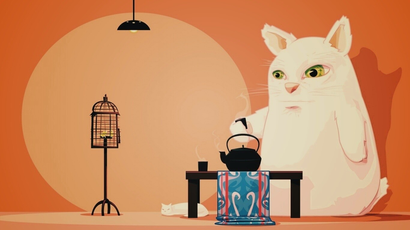 Кот пьет чай обои