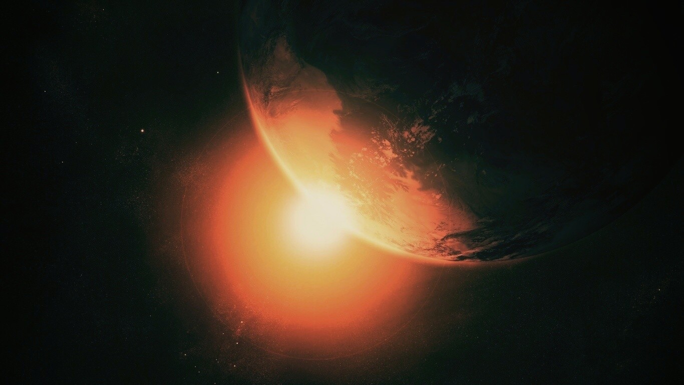 Солнце выглядывает из-за планеты обои