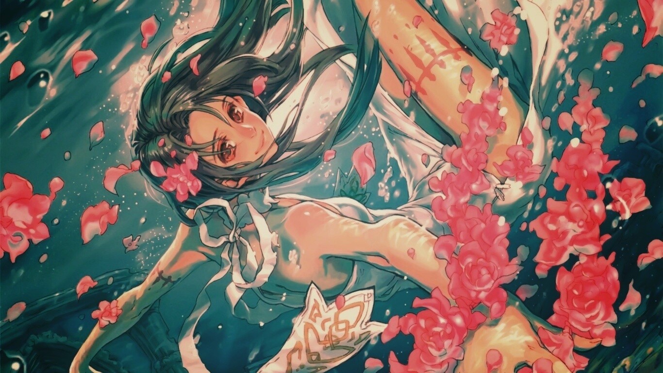 Девушка из аниме под водой обои