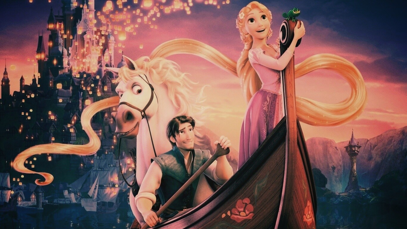 Рапунцель и Флин на лодке обои