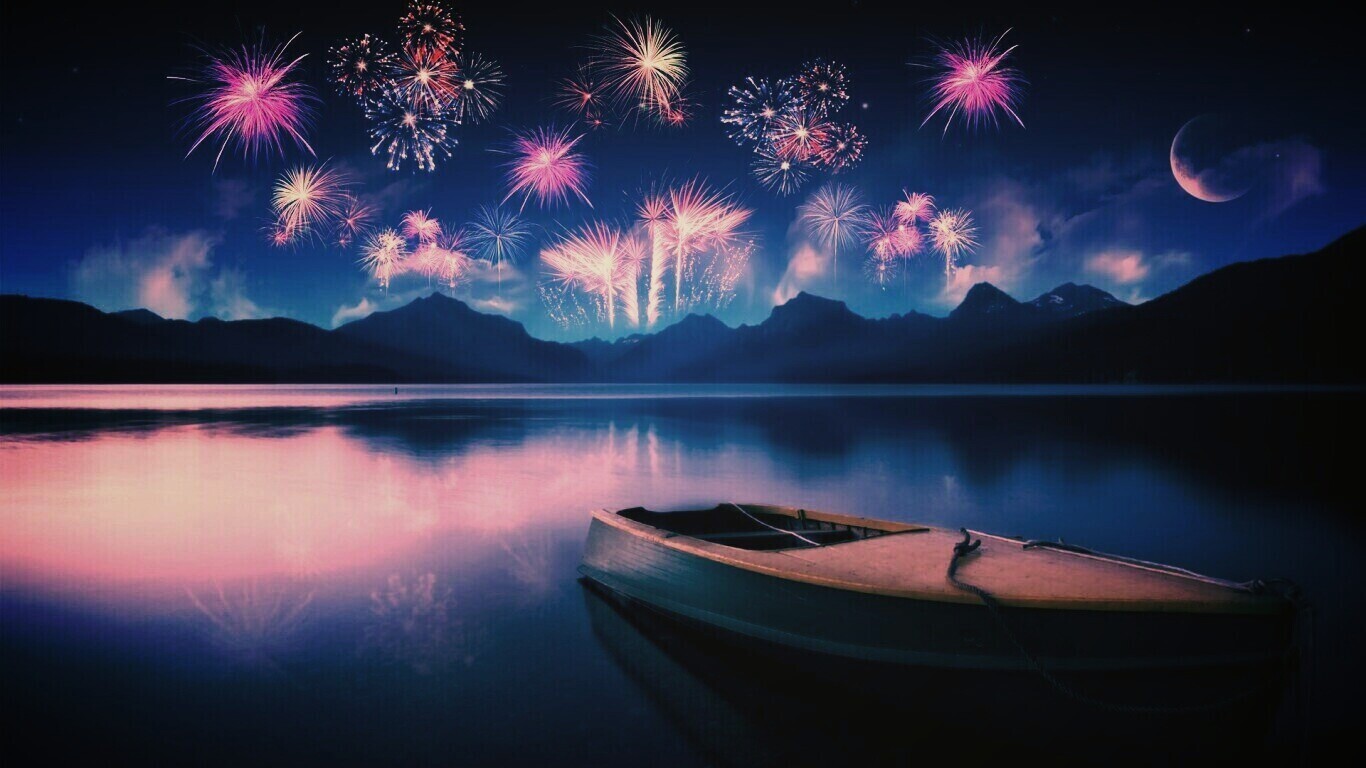 Фейрверк над озером обои