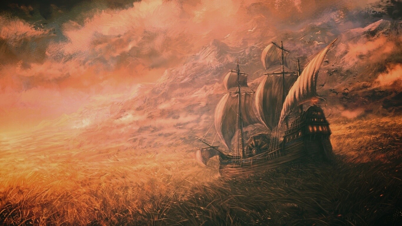 Корабль в море травы обои