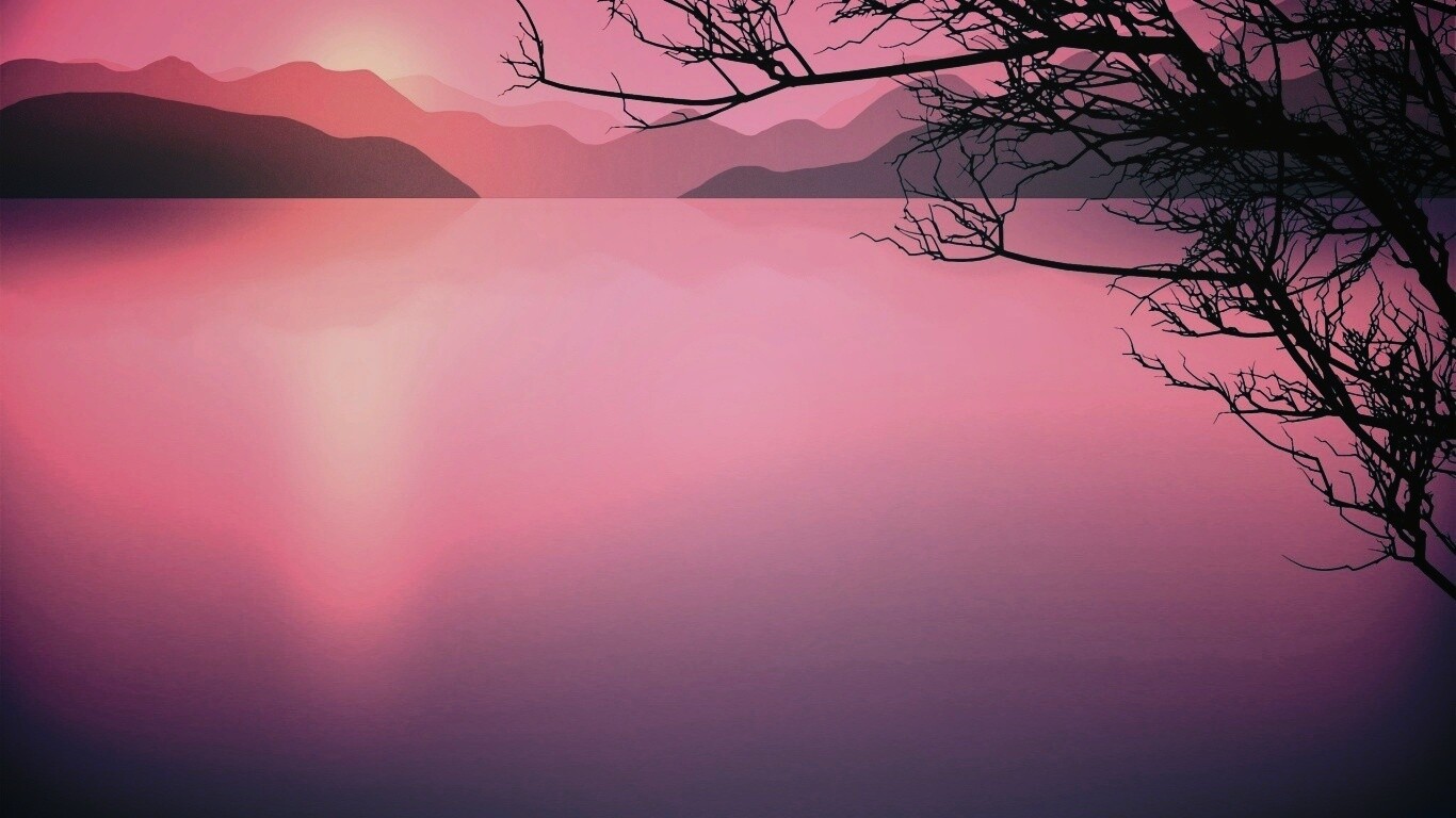 Ветка над вечерним озером обои