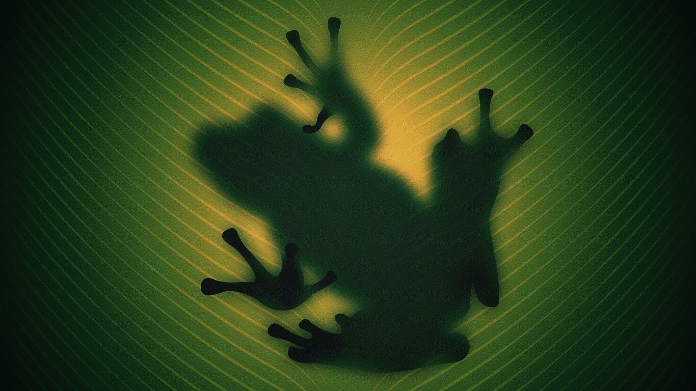 Силуэт лягушки просвечивает сквозь зеленый лист обои