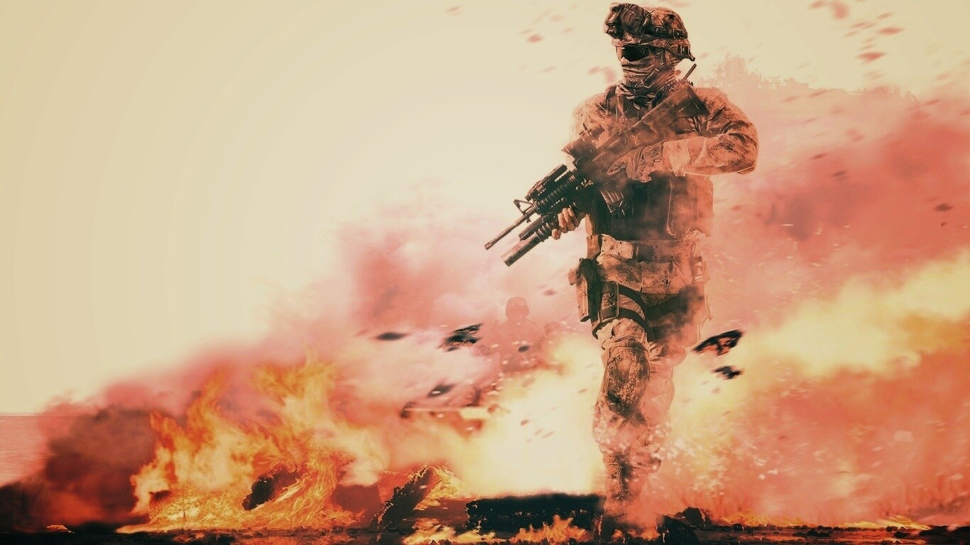 Солдат на фоне огня обои